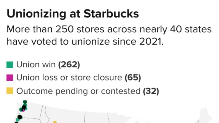 Here's a map of Starbucks stores that voted to unionize